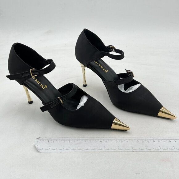 Funny She Jill Black Pointed Toe High Heel Shoes Ankle Strap Heels Stiletto Shoe - Picture 3 of 6